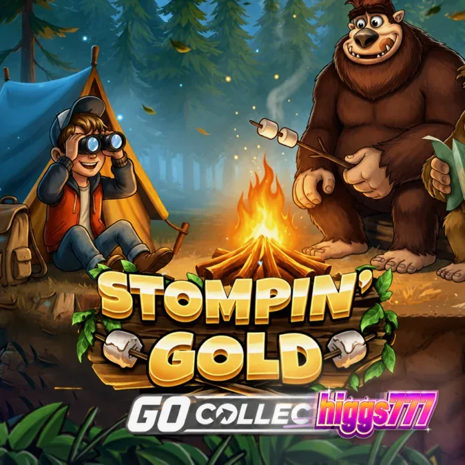 Tampilan visual slot Stompin' Gold dengan latar belakang hutan dan karakter Bigfoot